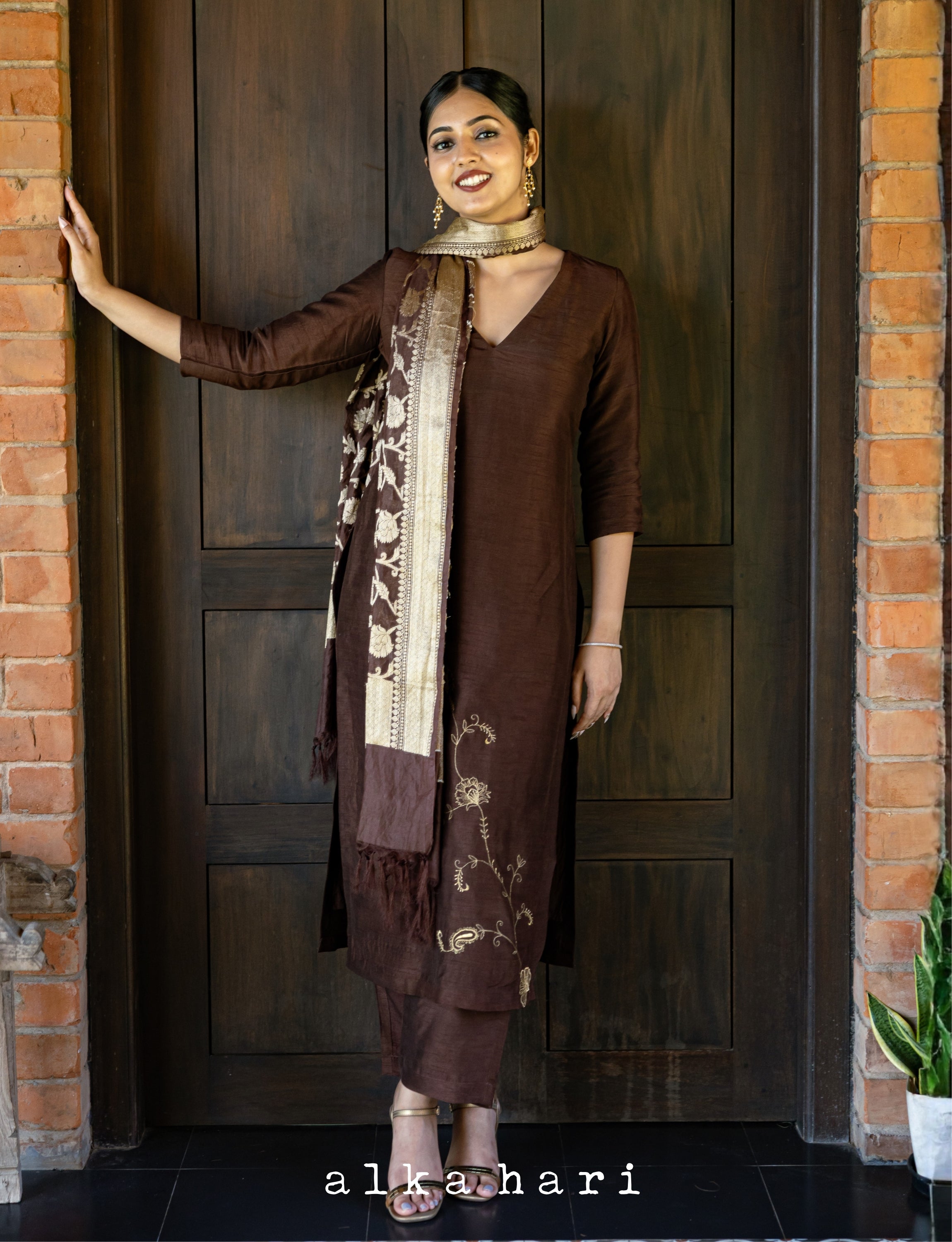 Coffee Brown Embroidered Silk Kurta